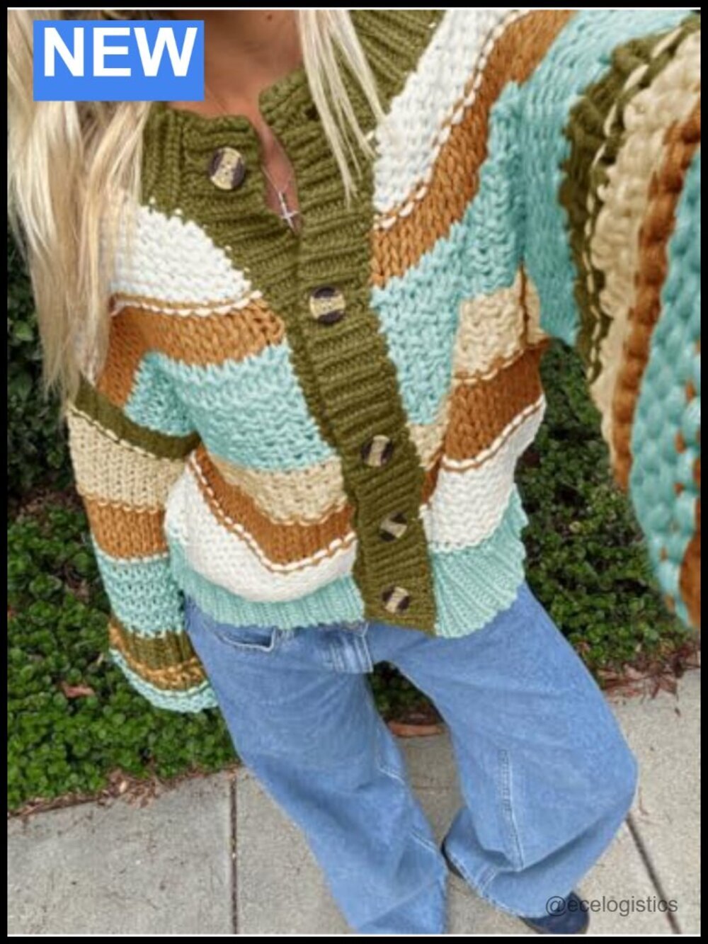 Color Block Chunky Cardigan Sweater - Oversized Loose Fit Crew Neck Open Front